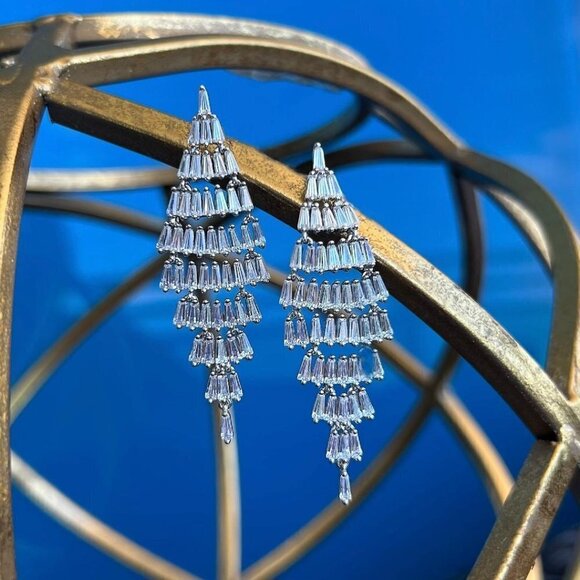 BAQUETTE DROP EARRINGS  CZ DIAMONDS STERLING SILVER - Picture 3 of 5